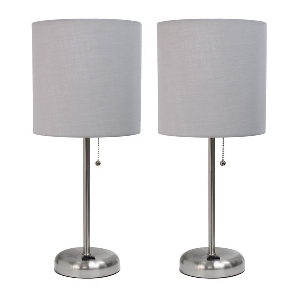 Limelights Brushed Steel Stick Lamp with Charging Outlet Set, Gray, PK 2 LC2001-GRY-2PK